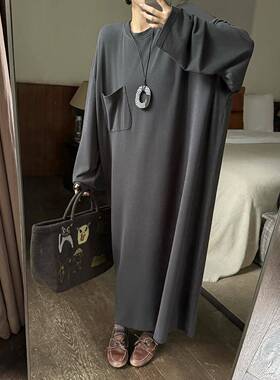 Owish 软触感廓形美学秋冬高级感磨毛长款T恤连衣裙宽松慵懒风