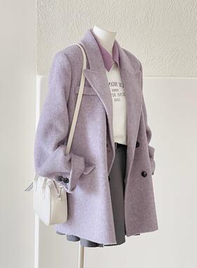 加厚高级感紫色正肩西装呢子大衣女2025年新款冬季小个子毛呢外套