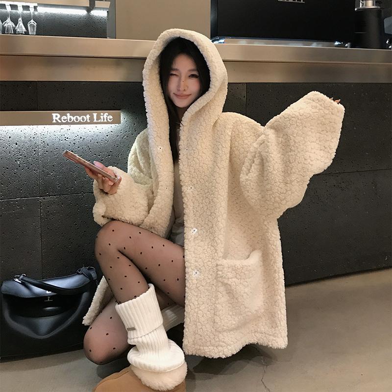 2024冬季新款白色羊羔毛连帽皮草外套女加厚皮毛一体毛毛外套大衣