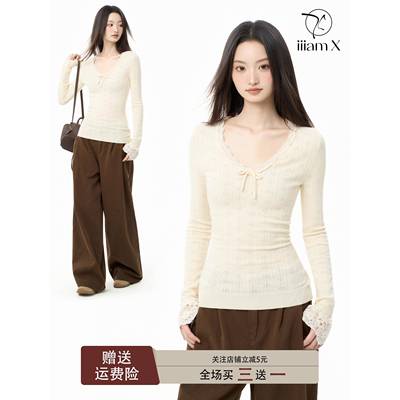 iiiamX蕾丝v领针织打底衫女秋季修身内搭毛衣长袖针织衫上衣2025