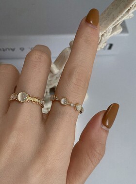 韩版ins潮个性复古小众宫廷风金属猫眼石开口食指戒指女时尚戒指