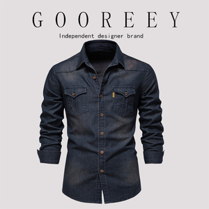 GooReey欧美秋冬新款潮牛仔免烫衬衣男休闲纯色免烫男式长袖衬衫