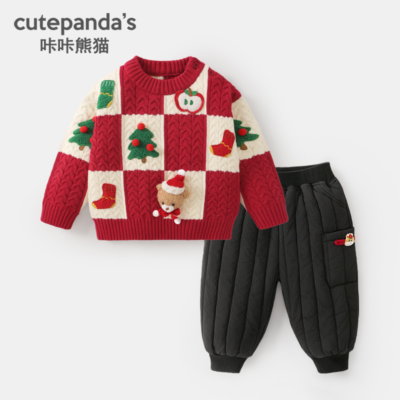 男童圣诞套装儿童圆领毛衣加绒裤