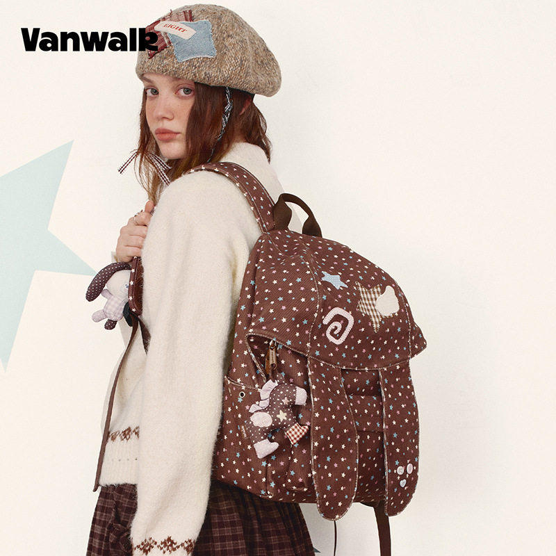 VANWALK lucky pony新款波点兔子耳朵双肩包女生出游书包轻便背包