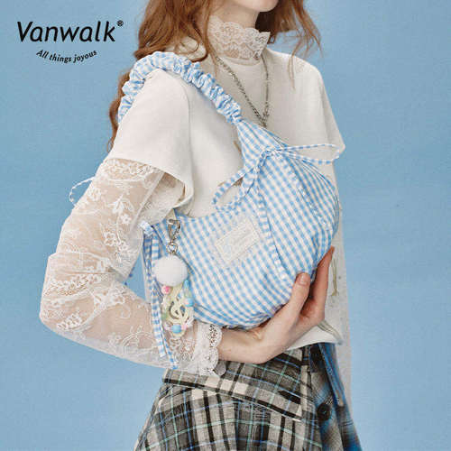 VANWALK happy band新款少女芭蕾风手提单肩包蕾丝蝴蝶结腋下包包