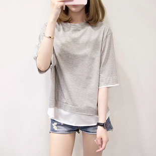 half sleeve 假两件五分袖 two 大下摆T恤 韩版 piece shirt Fake