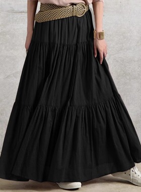 松紧腰宽松褶皱拼接长款半身裙  Pleated and pieced loose skirt