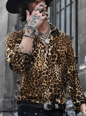 豹纹印花长袖翻领衬衫