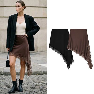 夏季欧美风蕾丝不对称下摆半身裙