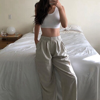 女生灰色高腰休闲西装裤