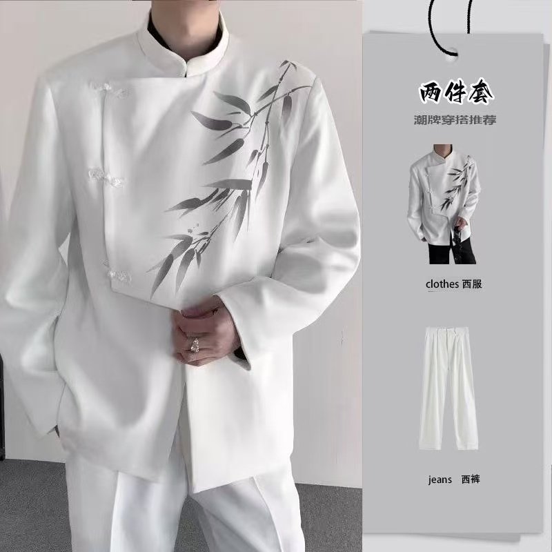 新中式男装白色垫肩西装男立领中国风西服订婚礼服男装外套班服
