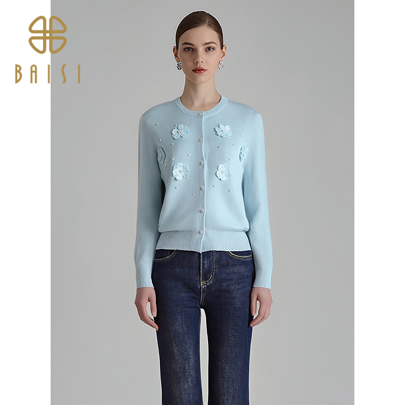 2025冬季新品百丝甜美花朵钉珠开衫上衣圆领长袖短款针织外套女