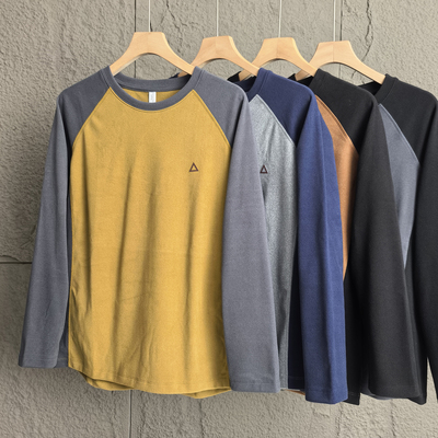 日系男女撞色插肩袖圆领套头T恤