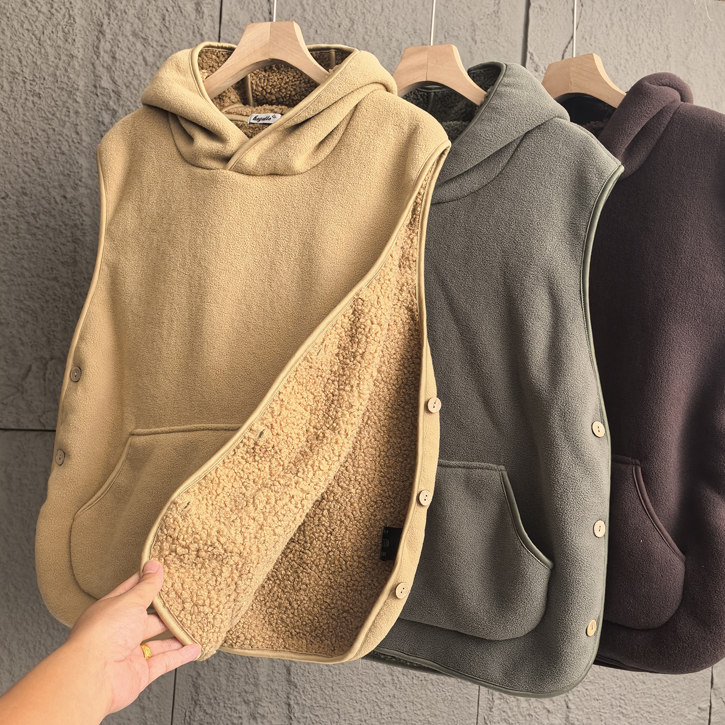 380g超细摇粒绒+羊羔绒保暖男士休闲连帽背心秋冬加厚马甲外套潮