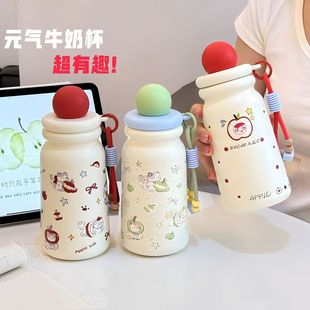 苹果小猫保温杯女生高颜值2025新款学生上学专用吸管杯大容量水杯