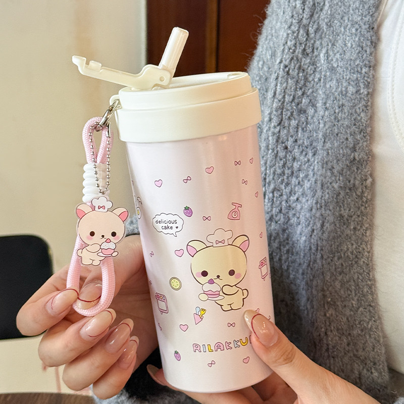 可爱轻松熊保温杯女生高颜值2025新款吸管杯大容量咖啡杯泡茶水杯
