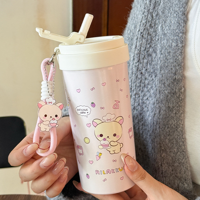 可爱轻松熊保温杯女生高颜值2025新款吸管杯大容量咖啡杯泡茶水杯