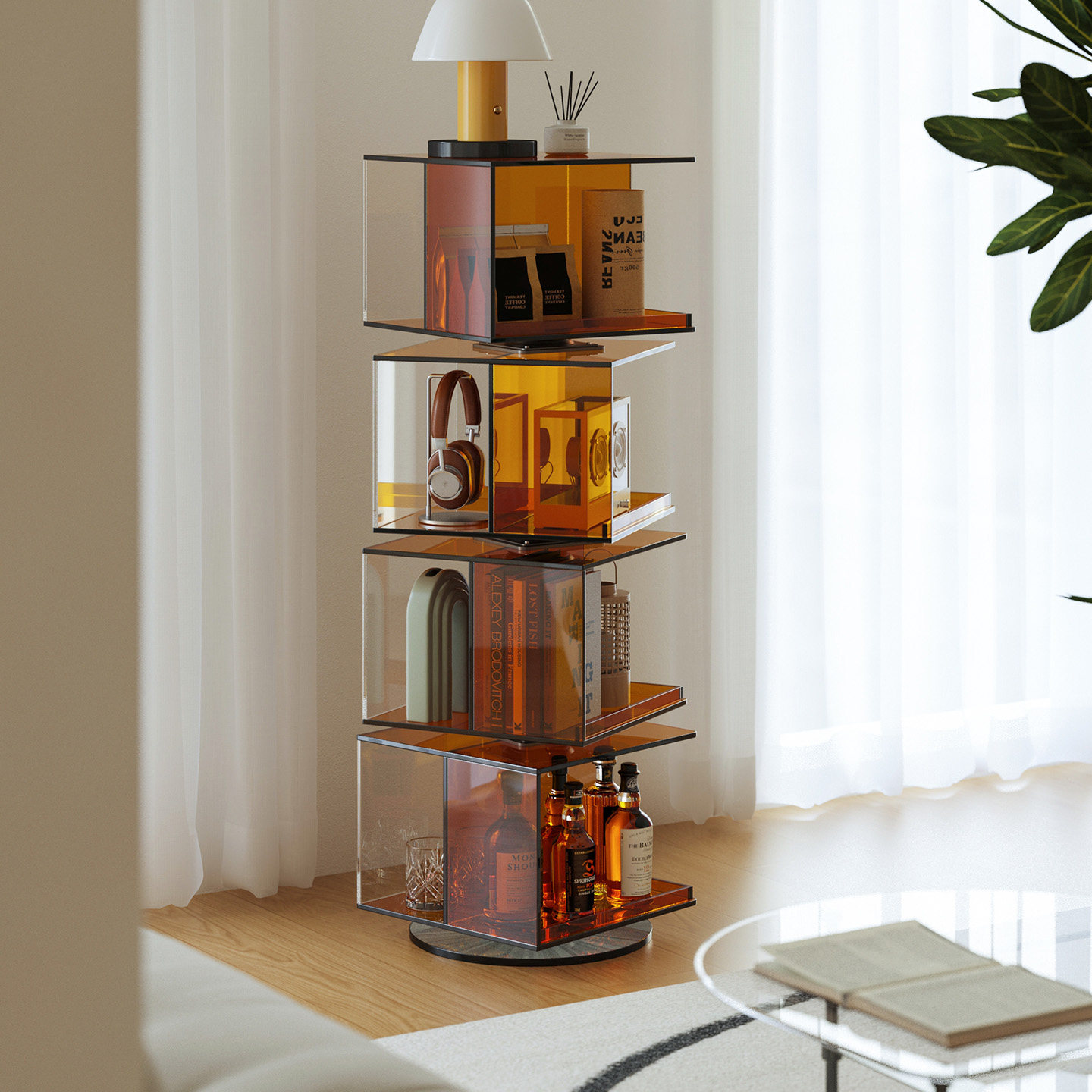 雅仆透明亚克力落地旋转多层书架简约收纳架客厅边柜陈列架展示架,住宅家具,旋转书架,淘宝优惠券,粉丝福利购,淘宝优惠卷
