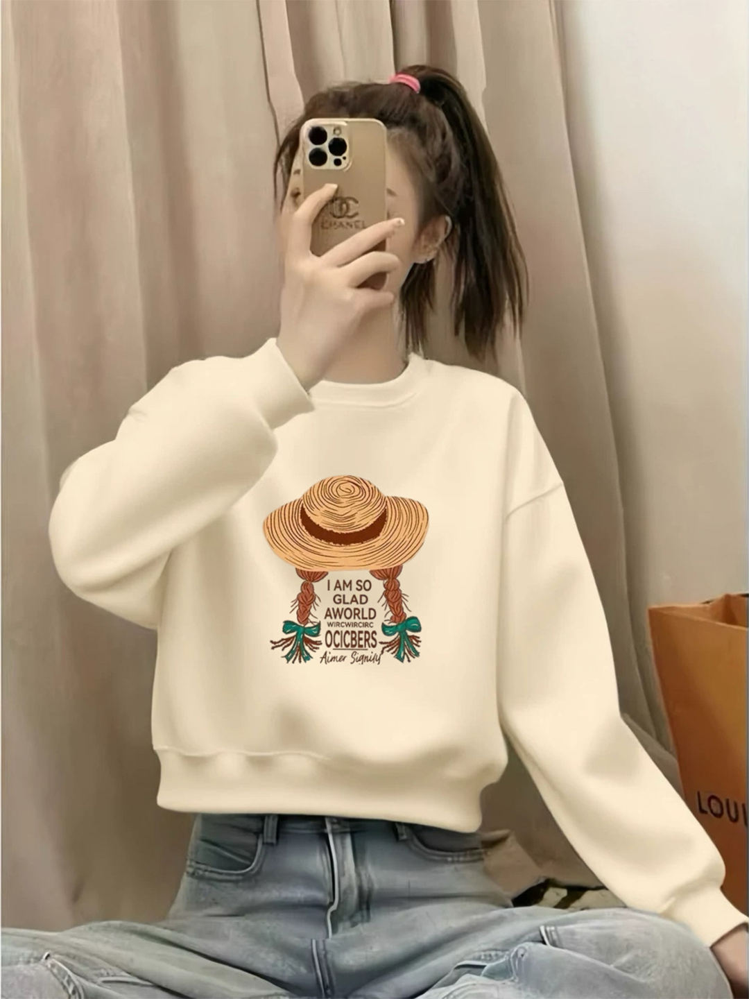 杏色宽松圆领卫衣女小个子短款2025新款爆款无帽设计感套头上衣服