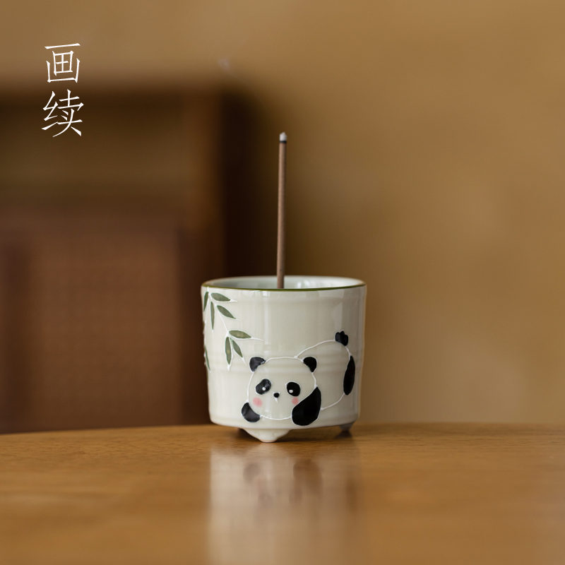 画续草木灰手绘熊猫线香香插香座小香炉陶瓷家用室内茶道中式复古