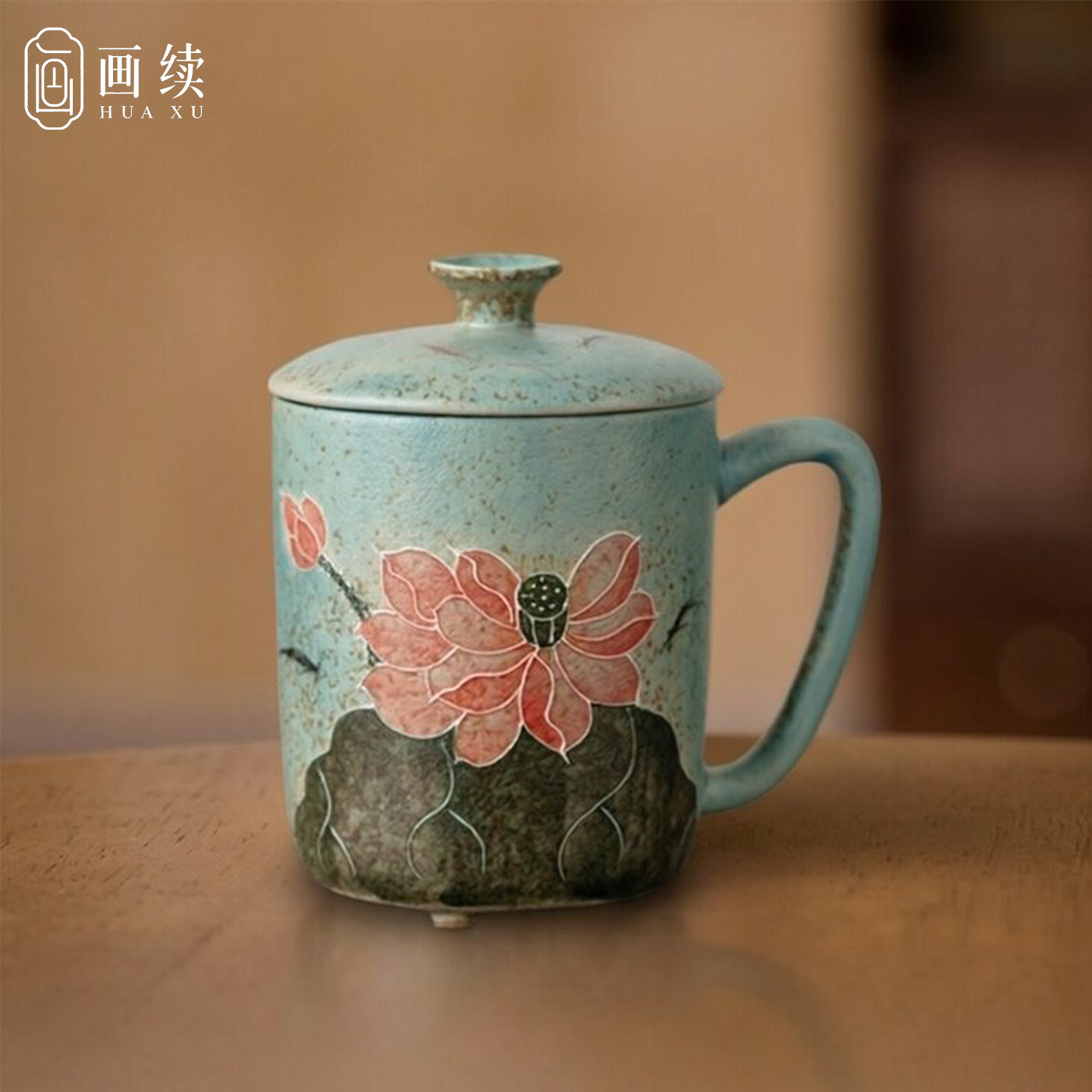 画续复古手绘荷花三足水杯新中式陶瓷杯办公家用马克杯带盖高颜值