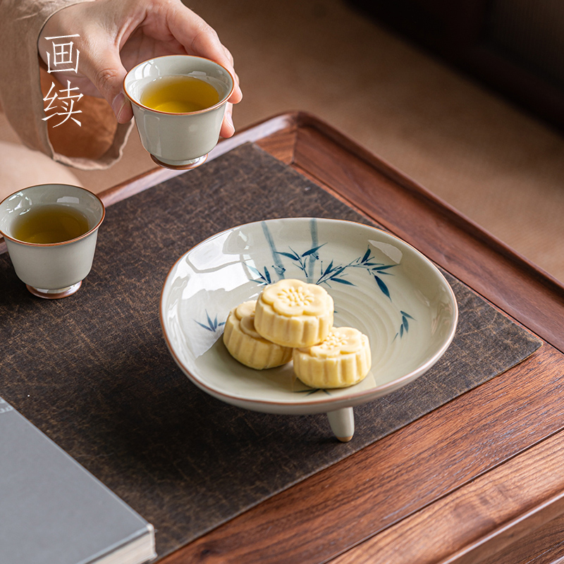 画续手绘中式宋代茶点盘高脚禅意陶瓷水果碟精致点心盘糕点盘大号