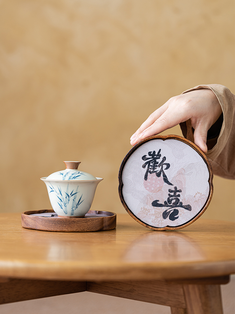 续画中式胡桃瓣干泡壶桌盖碗底托盘茶盘壶垫茶具架茶盘壶垫
