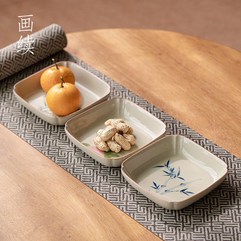 画续手绘中式宋代四方茶点盘禅意陶瓷水果碟精致点心盘糕点盘小碟
