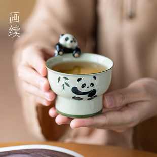 画续草木灰手绘熊猫主人杯高足杯单杯功夫茶杯陶瓷品茗杯茶宠挂饰
