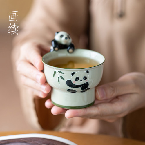 画续草木灰手绘熊猫主人杯高足杯单杯功夫茶杯陶瓷品茗杯茶宠挂饰