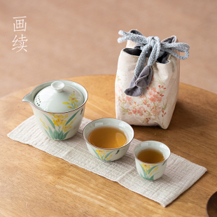 二人泡茶杯陶瓷 画续草木灰手绘蕙兰快客杯旅行便携手抓壶茶具套装