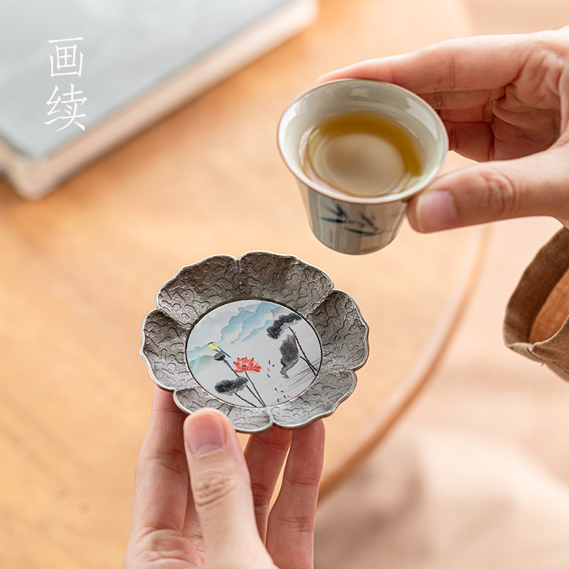 画续中式复古杯垫禅意做旧古锡茶杯垫隔热垫功夫茶具茶托茶道配件