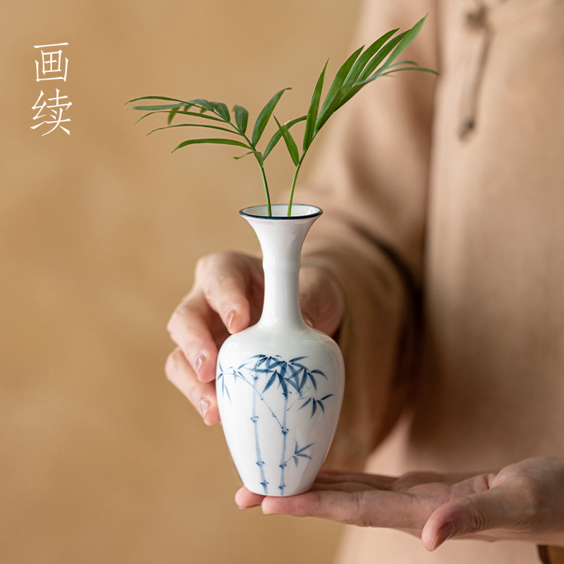 画续白瓷手绘竹子小花瓶水培花器釉下彩小花插客厅茶室摆件陶瓷,餐饮具,茶宠摆件,淘宝优惠券,粉丝福利购,淘宝优惠卷