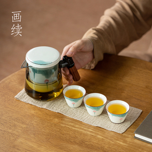 手绘荷花户外旅行茶具套装便携式包玻璃快客杯一壶三杯陶瓷内胆