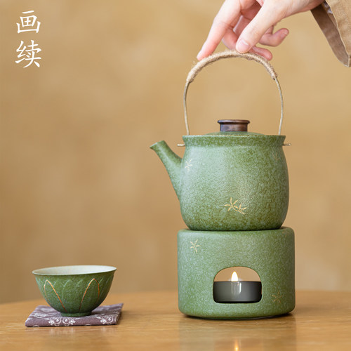 画续绿釉金花蜡烛温茶炉组