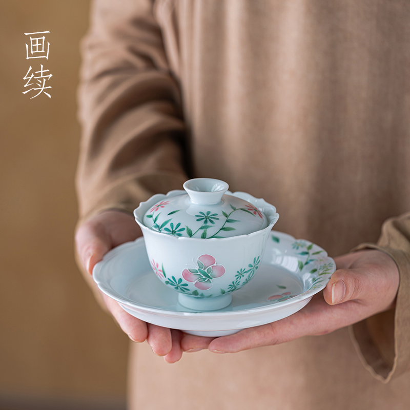 画续手绘春韵葵口高足盖碗