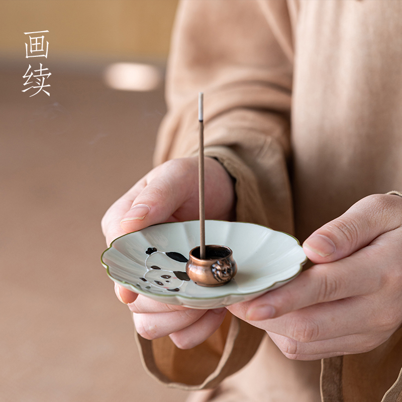 画续草木灰手绘熊猫线香香插香座陶瓷家用小香炉室内茶道中式复古