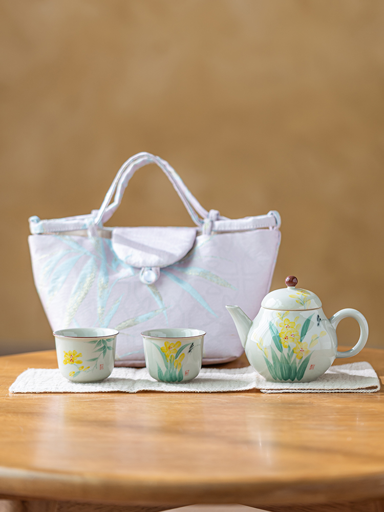 画续草木灰手绘蕙兰梨形茶壶一壶二杯功夫旅行茶具便携收纳包旅游