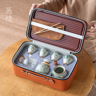 茶盘户外便携式 画续冰裂釉手绘荷花侧把壶旅行功夫茶具套装 收纳包