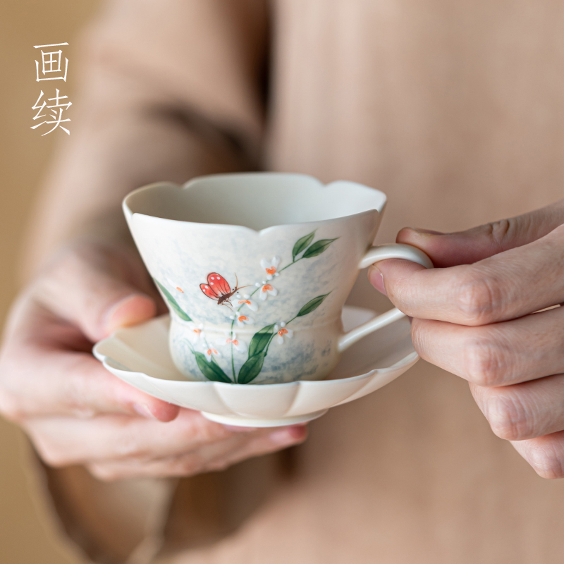 画续水彩风手绘蝶舞花间咖啡杯办公水杯茶杯带把陶瓷杯子女生精致