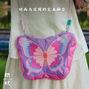 国风蝴蝶斜挎包中式 小众汉服手机斜挎包女加厚耐磨帆布袋单肩包
