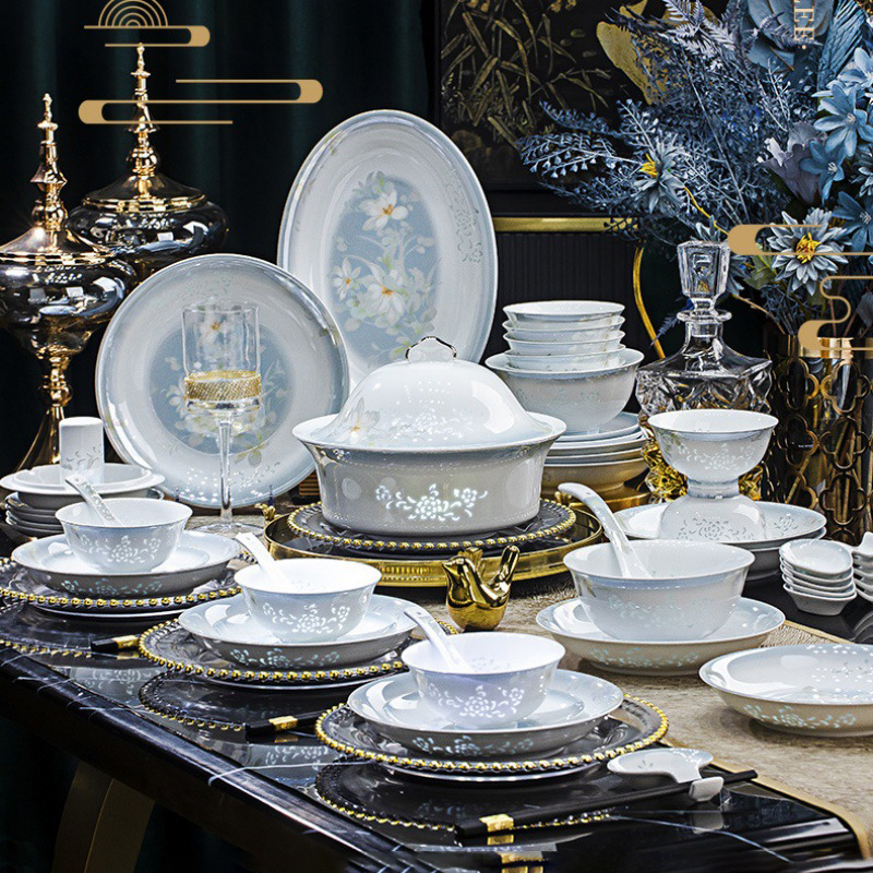 聚品阁 景德镇陶瓷饭碗家用菜碟盘子菜盘中式餐具套装玲珑瓷礼盒