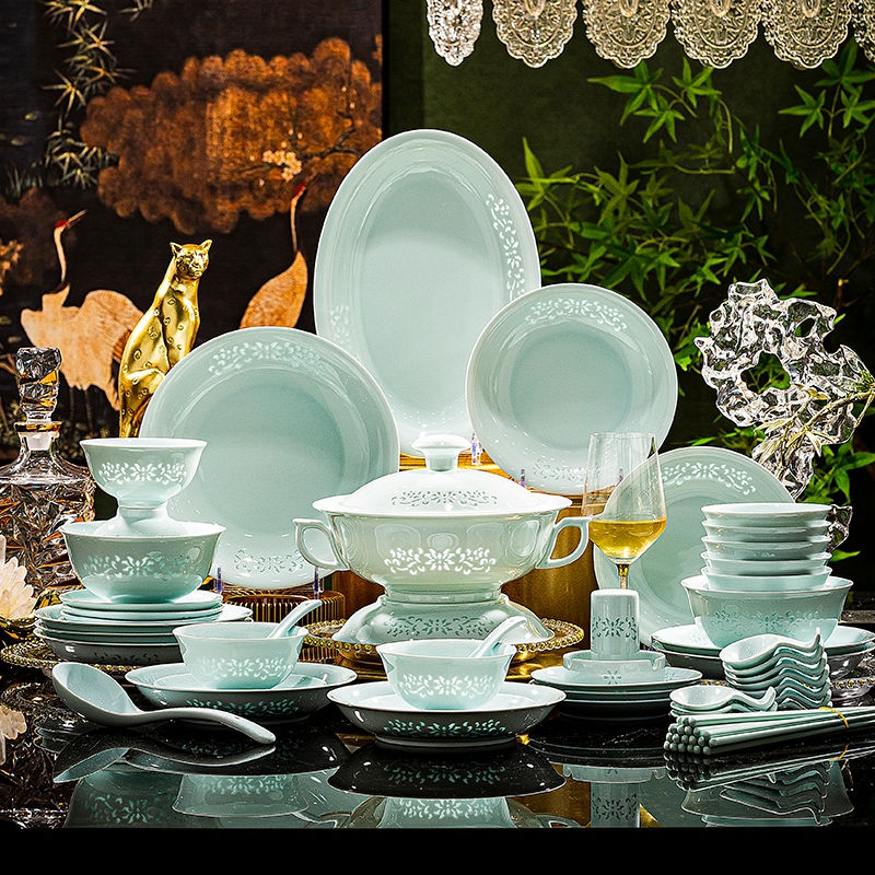 聚品阁 景德镇陶瓷餐具青瓷碗盘碟高温玲珑瓷饭碗碟高档餐具送礼