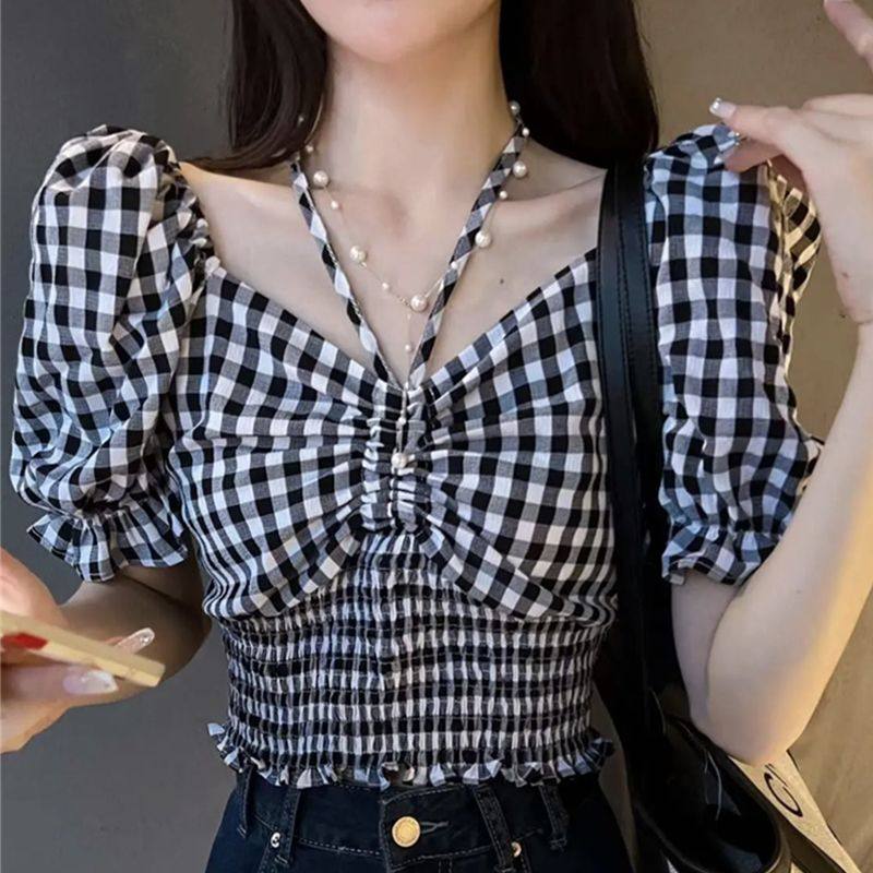 格子短袖女新款网红衬衫女显瘦小衫瘦腰瘦腹衬衣女挂脖锁骨上衣女