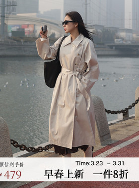 黑标BAIZHUO春季新款复古立领腰带收腰休闲通勤风衣外套AZ51FY322