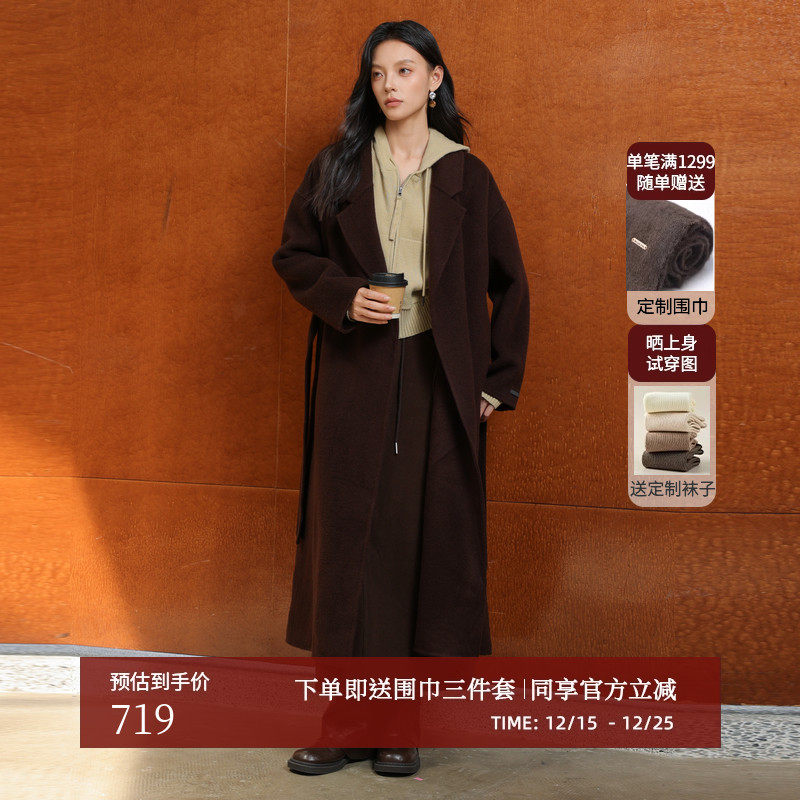 黑标BAIZHUO冬季新款休闲宽松微廓带腰带双面呢毛呢外套AZ4