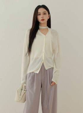 AIRIQI秋季新款宽松轻薄慵懒风外搭长袖针织短款开衫AH43KS072