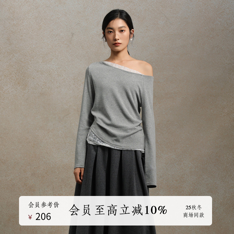 AIRIQI25冬新款蕾丝斜肩打底衫