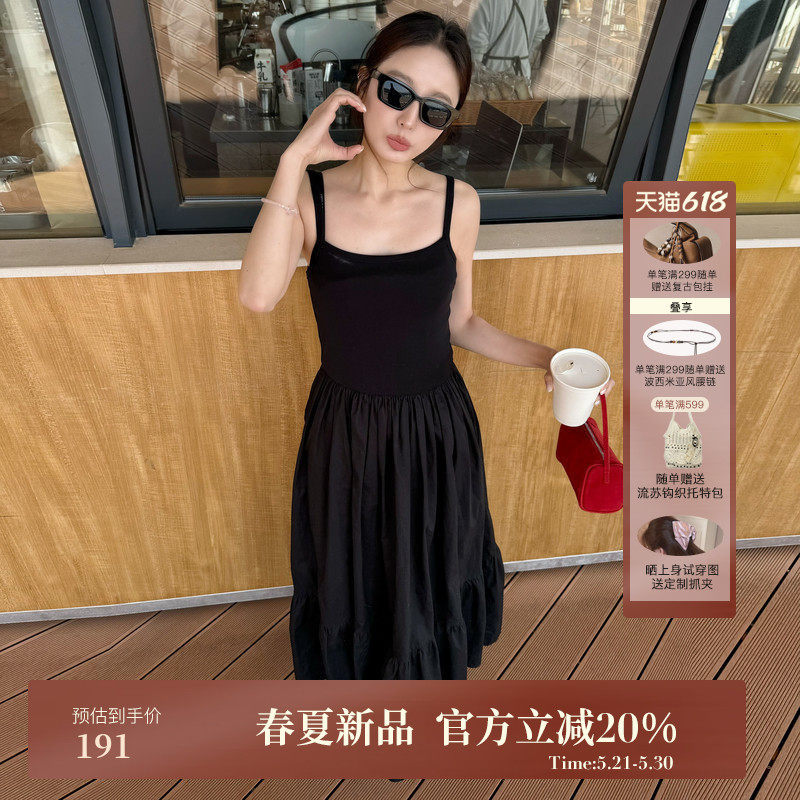 AIRIQI春季新款方领高腰A字拼接压褶设计感吊带连衣裙女AY5