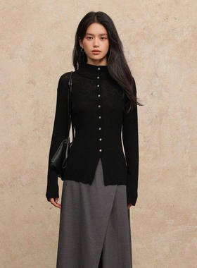 黑标BAIZHUO商场同款25秋新款堆叠高领长袖羊毛针织开衫AZ53KS377